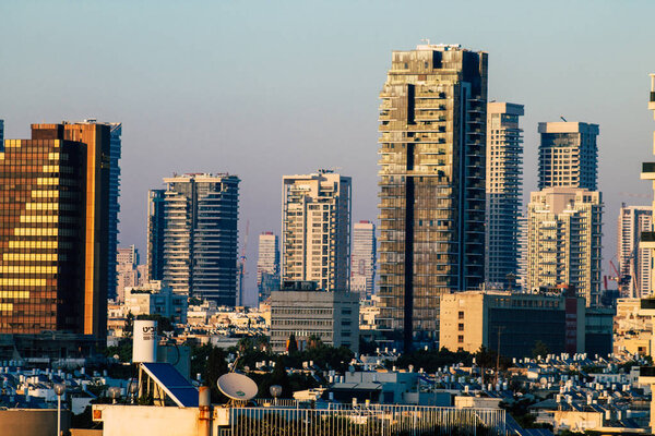 Tel Aviv Israel July 14, 2019 View of skyscrapers from a roof top of a building located in Ben Yehuda street in Tel Aviv in the evening