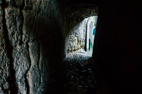 Calcata Italy September 22, 2019 View of the street under the rain in the medieval village of Calcata near Rome in the afternoon