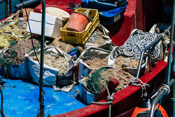 Limassol Cyprus May 30, 2020 Closeup of a fishing boat moored in the old port of Limassol in Cyprus island
