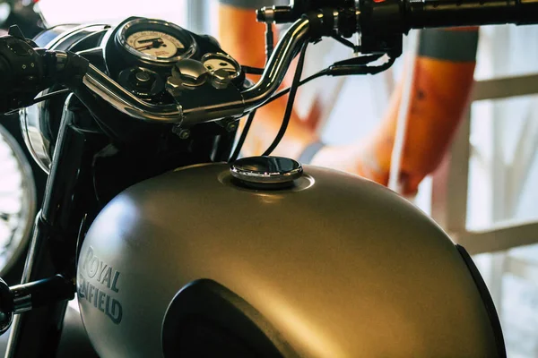 Limassol Cyprus May 2020 Closeup Royal Enfield Motorcycle Parked Streets — Stock Photo, Image