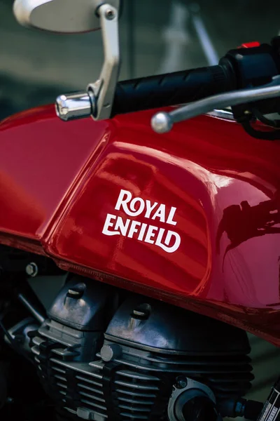 Limassol Chipre Maio 2020 Fecho Uma Motocicleta Royal Enfield Estacionada — Fotografia de Stock