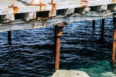 Limasol Kıbrıs 7 Haziran 2020 'de yenilenmiş ahşap iskele uzantıları insanların öğleden sonra Limasol gezinti güvertesinde deniz üzerinde yürümelerine olanak sağlıyor.