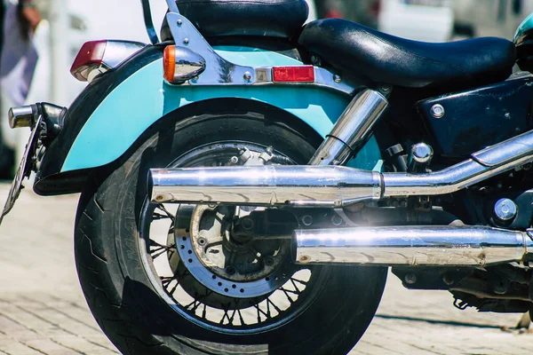 Limassol Cyprus June 2020 Closeup Mechanical Part Motorbike Parked Streets — Stock Photo, Image