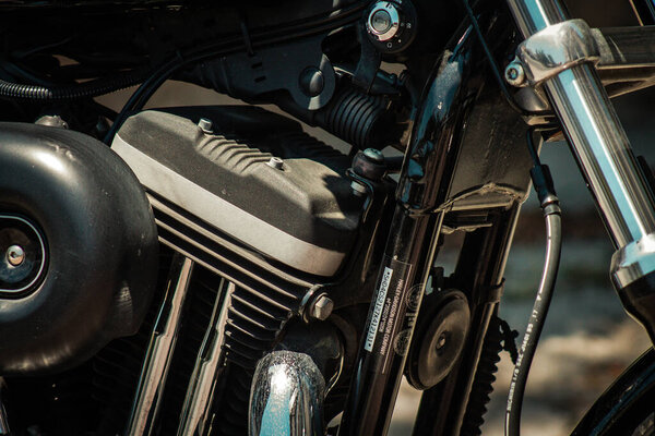 Limassol Cyprus June 27, 2020 Closeup of a Sportster 883R Harley Davidson motorcycle parked in the streets of Limassol in Cyprus Island