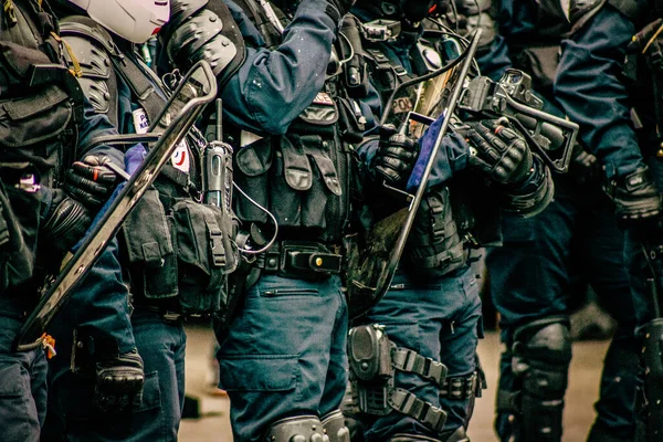 Primer Plano Del Equipamiento Fuerza Antidisturbios Especial Policía Nacional Francesa — Foto de Stock