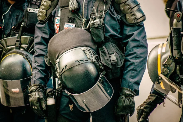 Primer Plano Del Equipamiento Fuerza Antidisturbios Especial Policía Nacional Francesa —  Fotos de Stock