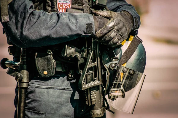 Primer Plano Del Equipamiento Fuerza Antidisturbios Especial Policía Nacional Francesa —  Fotos de Stock