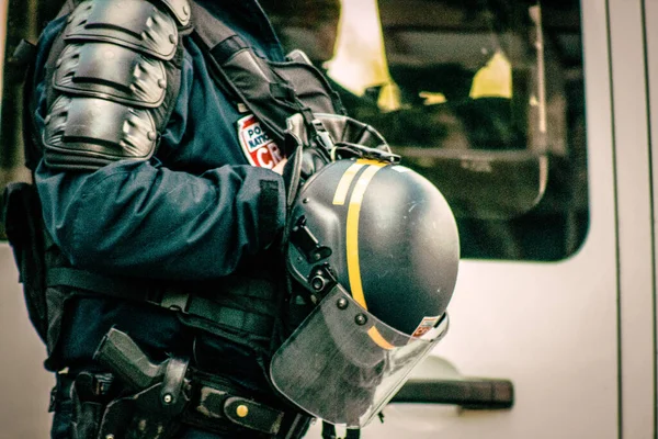 Närbild Utrustningen Den Franska Nationella Polisens Speciella Kravallstyrka — Stockfoto