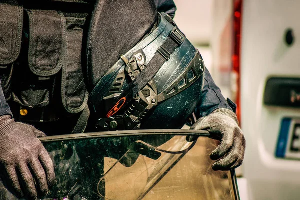 Fransız Ulusal Polisi Nin Özel Çevik Kuvvet Ekipmanlarına Yakın Çekim — Stok fotoğraf