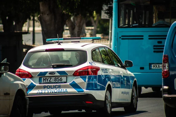 Nicosia Chipre Julio 2020 Vista Coche Policía Chipriota Tradicional Rodando — Foto de Stock