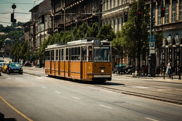 Budapeşte Macaristan 11 Temmuz 2020 Macaristan 'ın başkenti Budapeşte' nin sokaklarında ve toplu taşıma sisteminde seyahat eden yolcular için geleneksel bir Macar elektrikli tramvayı manzarası