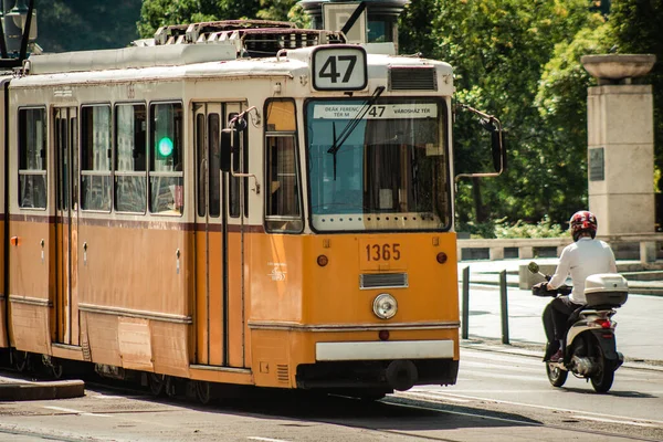 Budapeşte Macaristan 11 Temmuz 2020 Macaristan 'ın başkenti Budapeşte' nin sokaklarında ve toplu taşıma sisteminde seyahat eden yolcular için geleneksel bir Macar elektrikli tramvayı manzarası