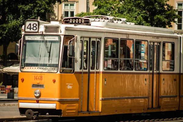 Budapest Hungary July 2020 View Traditional Hungarian Electric Tram Passengers — стоковое фото