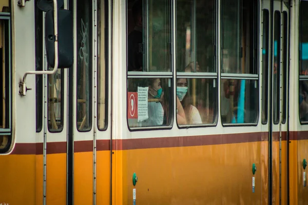 Budapest Hungary July 2020 View Traditional Hungarian Electric Tram Passengers — стоковое фото