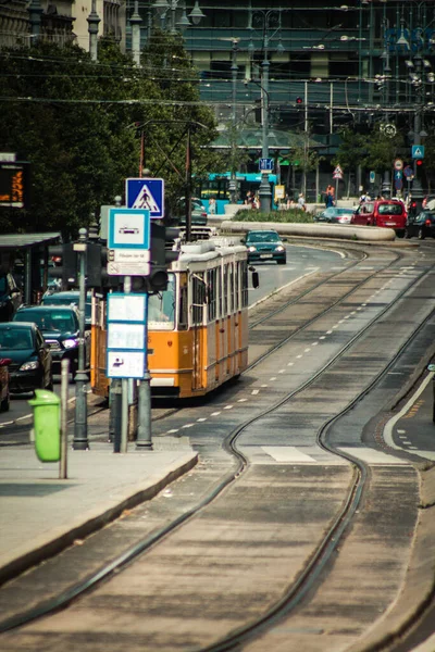 Budapest Hungary July 2020 View Traditional Hungarian Electric Tram Passengers — Stock Photo, Image