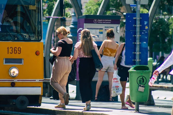 Budapest Hungary July 2020 View Unidentified People Taking Electric Tram — стоковое фото