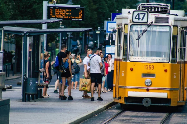 Budapest Hungary July 2020 View Unidentified People Taking Electric Tram — стоковое фото