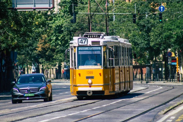 Budapest Hungary July 2020 View Traditional Hungarian Electric Tram Passengers — стоковое фото