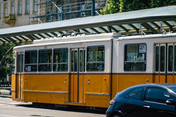 Budapest Hungary July 2020 View Traditional Hungarian Electric Tram Passengers — стоковое фото