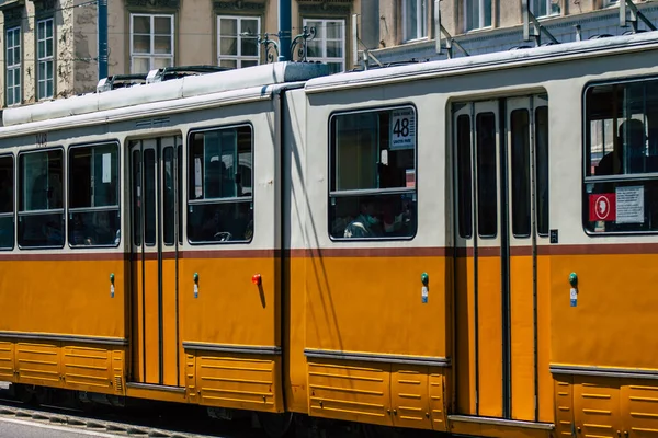 Budapest Hungary July 2020 View Traditional Hungarian Electric Tram Passengers — стоковое фото