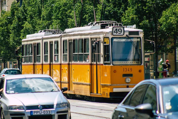 Budapest Hungary July 2020 View Traditional Hungarian Electric Tram Passengers — стоковое фото