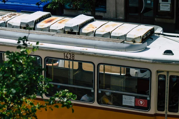 Budapest Hungary July 2020 View Old Hungarian Electric Tram Passengers — Stock Photo, Image