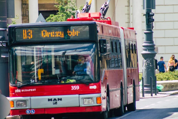 Budapest Hungary July 2020 View Traditional Hungarian Red Trolleybus Passengers — Stock Photo, Image