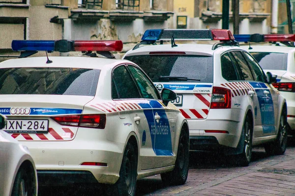 Budapest Hungría Julio 2020 Vista Coche Policía Húngaro Bajo Lluvia — Foto de Stock