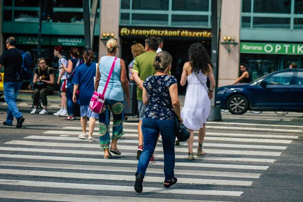 Budapest Hungary July 2020 View Unidentified Pedestrians Walking Zebra Crossing — Stock Photo, Image