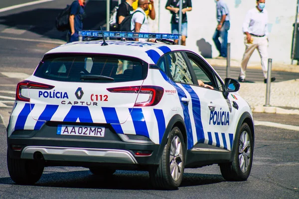 Lisbon Portugal July 2020 View Classic Police Car Driving Streets — Stock Photo, Image