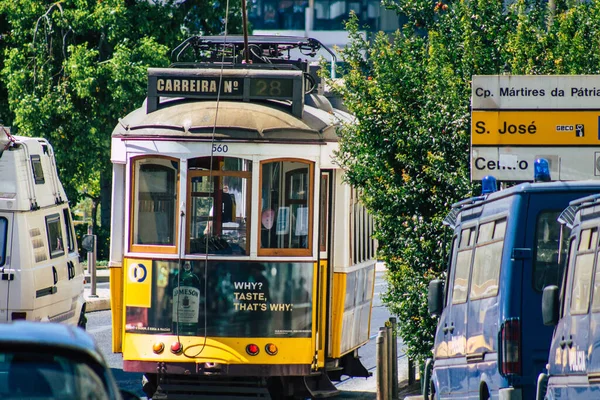 Lisbon Portugal July 2020 View Traditional Old Electric Tram Passengers — Stock Photo, Image