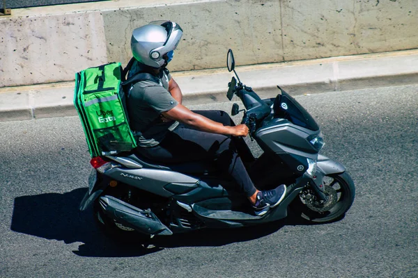 Lisbon Portugal July 2020 View Unidentified People Driving Scooter Streets — стоковое фото