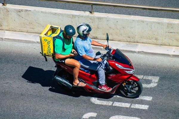 Lisbon Portugal July 2020 View Unidentified People Driving Scooter Streets — стоковое фото