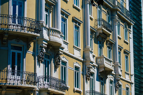 Lisbon Portugal july 26, 2020 View of classic facade of ancient historical buildings in the downtown area of Lisbon, the hilly coastal capital city of Portugal and one of the oldest cities in Europe