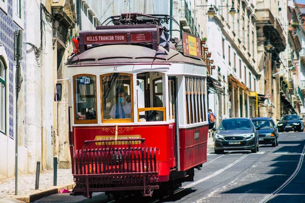 Lisbon Portugal July 2020 View Traditional Old Electric Tram Passengers — Stock Photo, Image