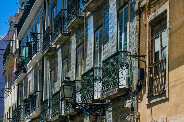 Lisbon Portugal july 28, 2020 View of classic facade of ancient historical buildings in the downtown area of Lisbon, the hilly coastal capital city of Portugal and one of the oldest cities in Europe