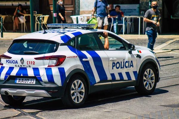 Lisbon Portugal July 2020 View Classic Police Car Driving Streets — Stock Photo, Image