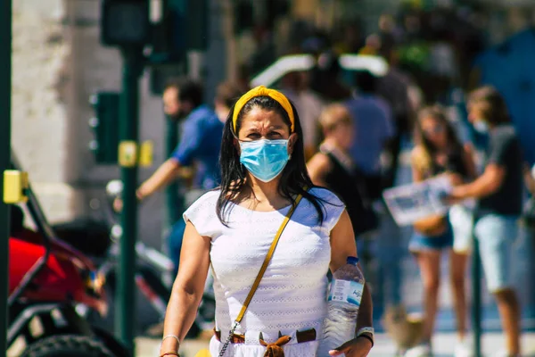 Lisbon Portugal August 2020 View Unidentified Pedestrians Face Mask Protect — Stock Photo, Image