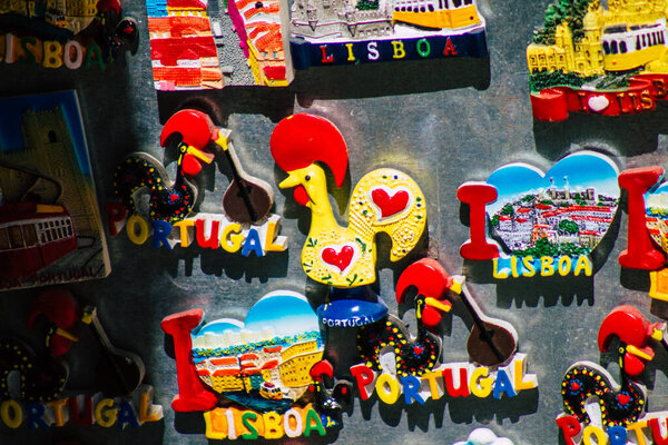 Lisbon Portugal August 03, 2020 Closeup of decorative objects from a souvenirs shop located in the downtown area of Lisbon, the coastal capital city of Portugal and one of the oldest cities in Europe