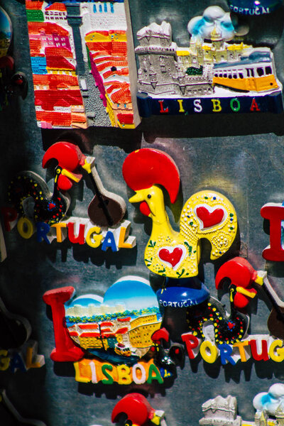 Lisbon Portugal August 03, 2020 Closeup of decorative objects from a souvenirs shop located in the downtown area of Lisbon, the coastal capital city of Portugal and one of the oldest cities in Europe