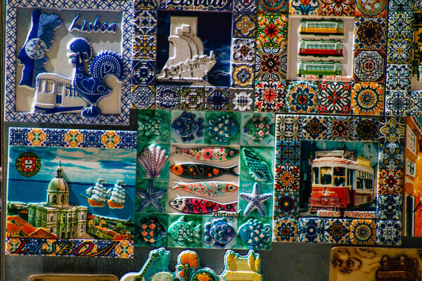 Lisbon Portugal August 03, 2020 Closeup of decorative objects from a souvenirs shop located in the downtown area of Lisbon, the coastal capital city of Portugal and one of the oldest cities in Europe