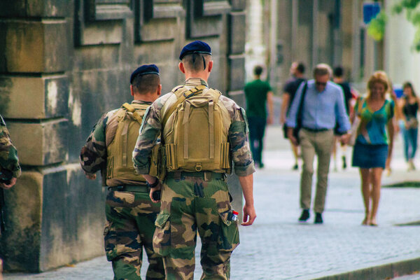 Reims France August 15, 2020 View of unidentified French soldiers patrolling in the streets of Reims, a city in the Grand Est region of France