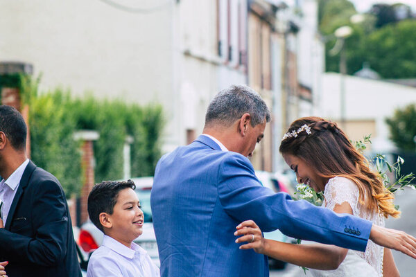 Reims France August 29, 2020 View of unidentified people dancing during a republican wedding according to French tradition which takes place at Epernay town hall, city of Champagne in France