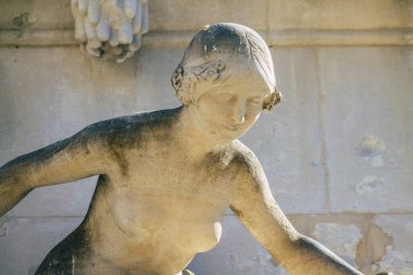 Fransa 'yı 4 Eylül 2020' de Fransa 'nın Grand Est bölgesindeki tarihi Reims caddesinde bulunan ve Avrupa' nın en eski şehirlerinden biri olan bir heykele bakıyor.