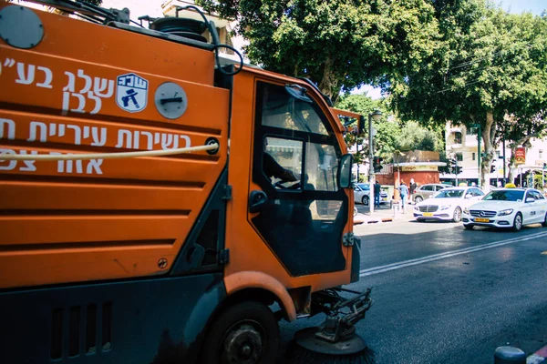 Tel Aviv Israel Septiembre 2020 Primer Plano Camión Basura Naranja — Foto de Stock