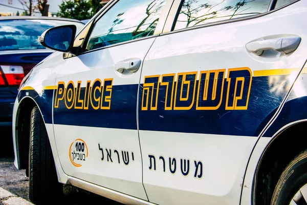 Closeup Official Police Car Patrolling Streets City Center Metropolitan Area — Stock Photo, Image