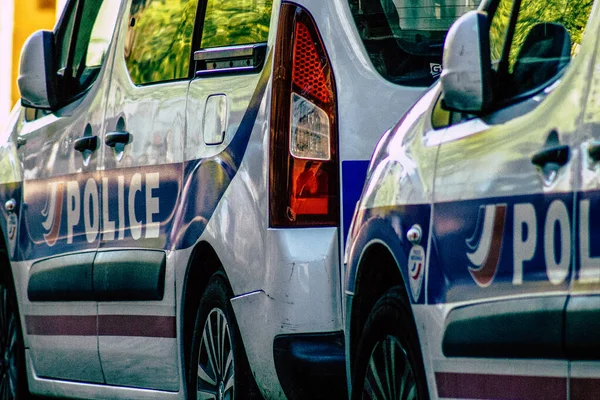 Closeup Official Police Car Patrolling Streets City Center Metropolitan Area — Stock Photo, Image