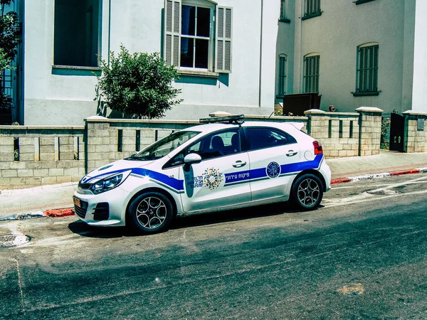 Closeup Official Police Car Patrolling Streets City Center Metropolitan Area — Stock Photo, Image