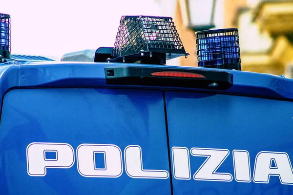 Closeup Official Police Car Patrolling Streets City Center Metropolitan Area — Stock Photo, Image