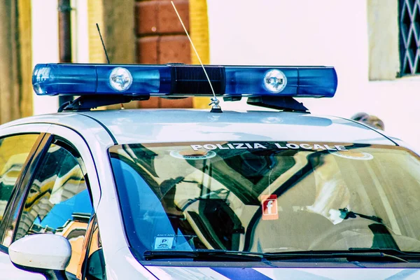 Closeup Official Police Car Patrolling Streets City Center Metropolitan Area — Stock Photo, Image